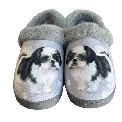 Black and white Shih Tzu-themed slippers with plush lining and non-slip soles.