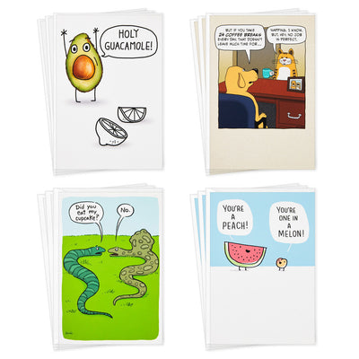 Funny all-occasion blank cards with avocado, watermelon, peach, dog and cat, and snake designs, Shoebox humor, includes envelopes, four assorted styles.
