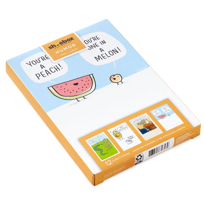 Funny all-occasion blank cards with avocado, watermelon, peach, dog and cat, and snake designs, Shoebox humor, includes envelopes, four assorted styles.
