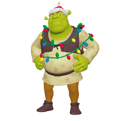 Shrek ornament with Santa hat and tangled Christmas lights around his chest and arms