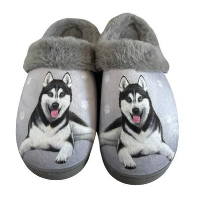 Siberian Husky-themed slippers with gray and white plush design, soft lining, and non-slip soles.