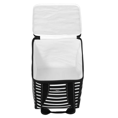 Medium soft cooler in Leonardo Da Pinchy print with zip closure, exterior pockets, and reinforced handles. Holds up to 5 wine bottles upright.