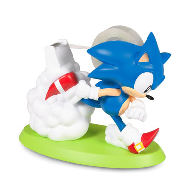 Sonic the Hedgehog tape dispenser with 3D figure and cloud base, fun desk accessory for kids, teens, and SEGA fans.

