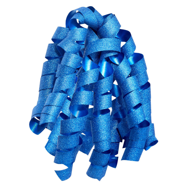 Hallmark blue curly ribbon gift bow with glitter finish, featuring self-adhesive backing and bold corkscrew curls for wrapped gift boxes.