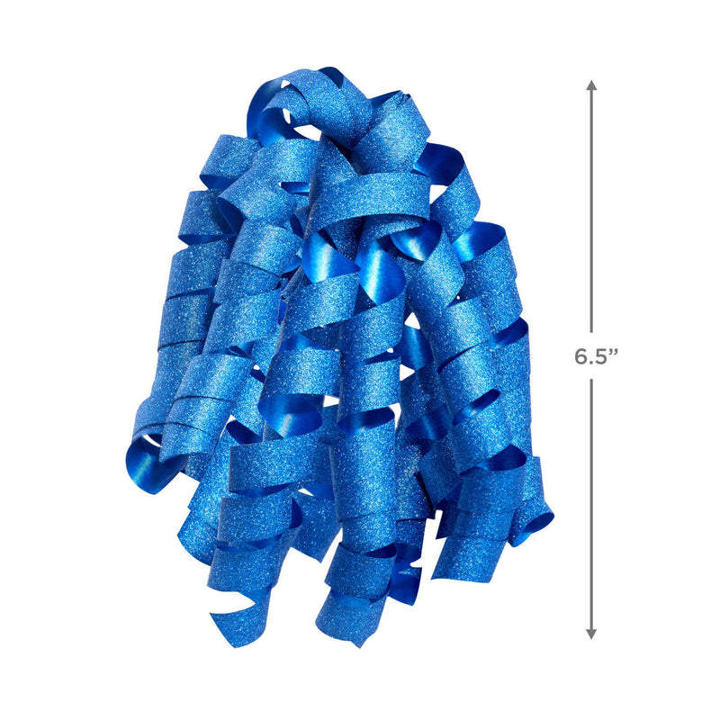 Hallmark blue curly ribbon gift bow with glitter finish, featuring self-adhesive backing and bold corkscrew curls for wrapped gift boxes.