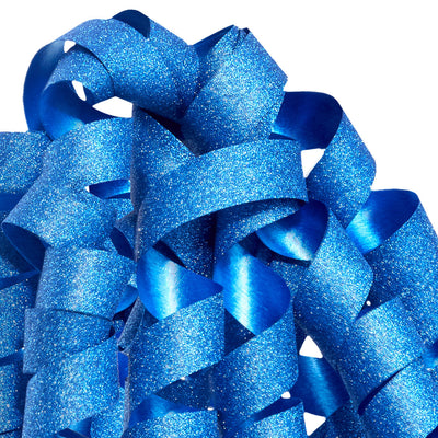 Hallmark blue curly ribbon gift bow with glitter finish, featuring self-adhesive backing and bold corkscrew curls for wrapped gift boxes.