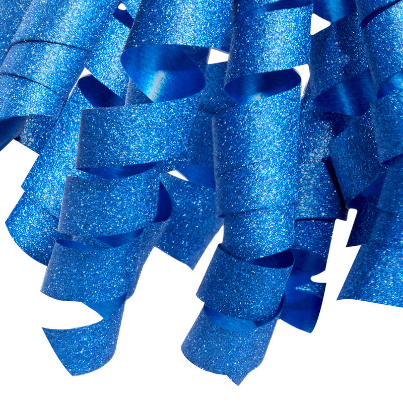 Hallmark blue curly ribbon gift bow with glitter finish, featuring self-adhesive backing and bold corkscrew curls for wrapped gift boxes.