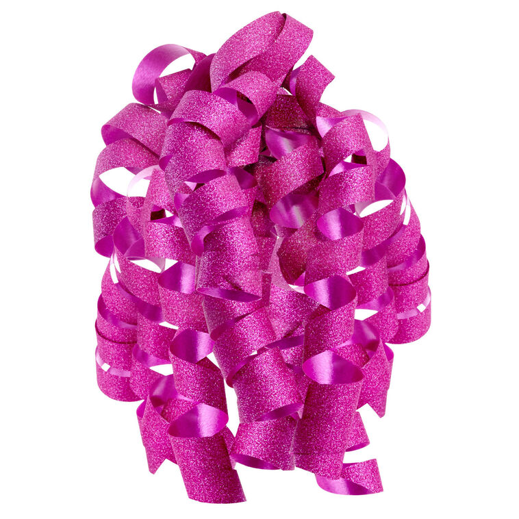 Hallmark pink curly gift bow with glittery corkscrew ribbon strands and self-adhesive backing, perfect for wrapped birthday presents.