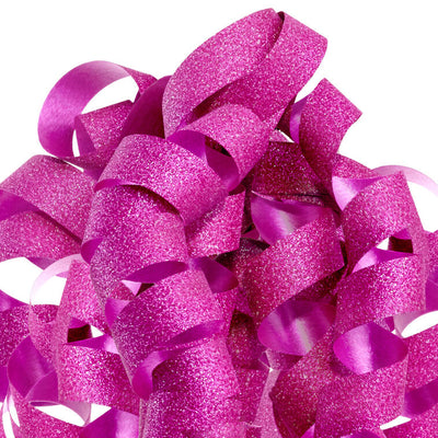 Hallmark pink curly gift bow with glittery corkscrew ribbon strands and self-adhesive backing, perfect for wrapped birthday presents.