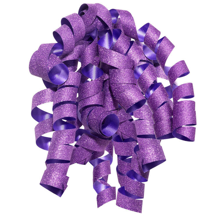 Hallmark purple curly gift bow with glittery corkscrew ribbon strands and self-adhesive backing, ideal for wrapped birthday gifts.