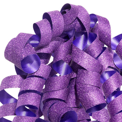 Hallmark purple curly gift bow with glittery corkscrew ribbon strands and self-adhesive backing, ideal for wrapped birthday gifts.