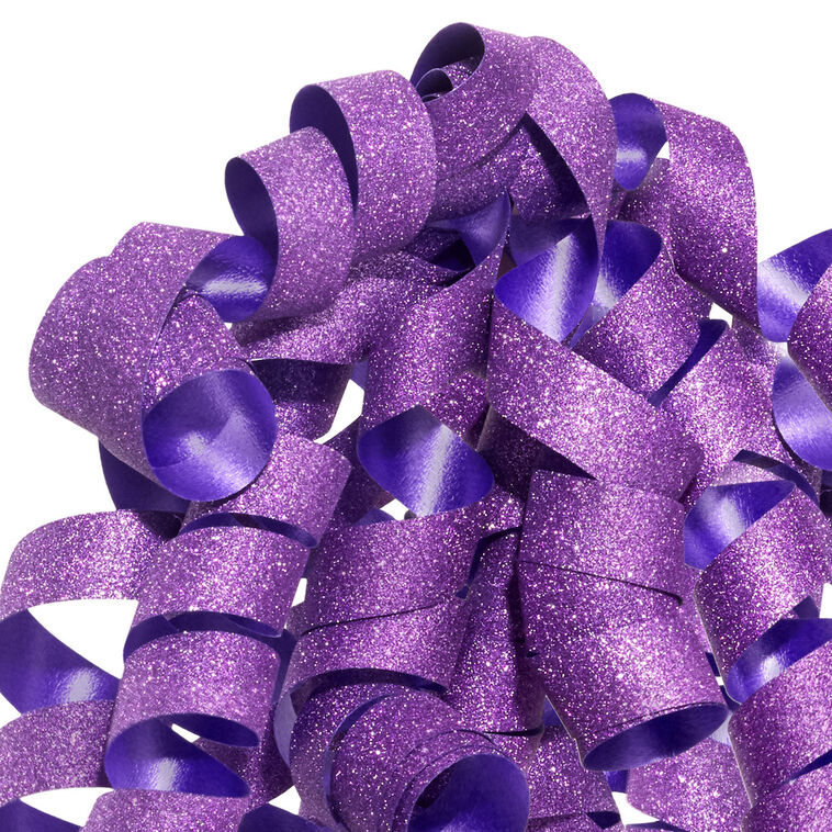 Hallmark purple curly gift bow with glittery corkscrew ribbon strands and self-adhesive backing, ideal for wrapped birthday gifts.
