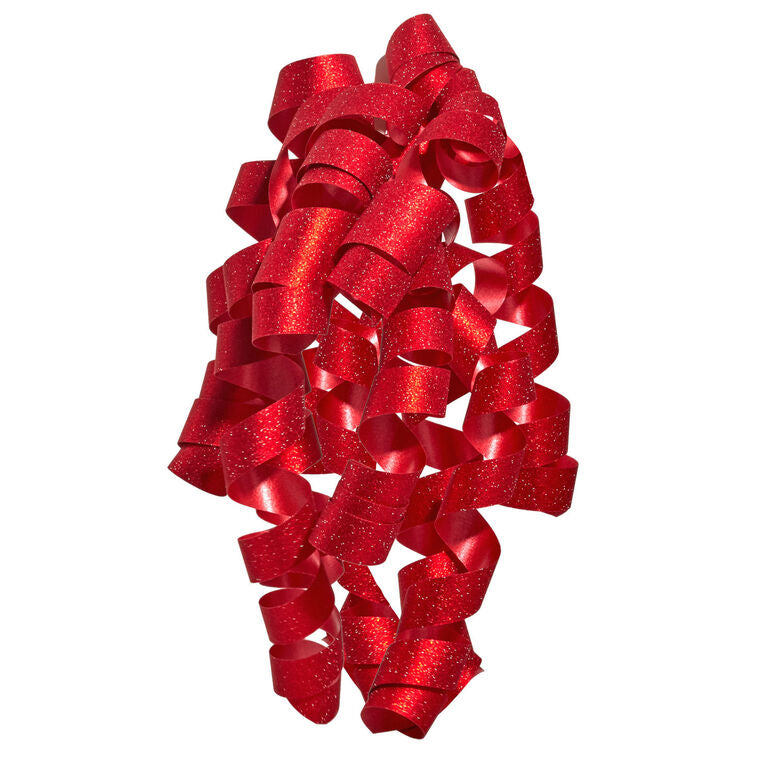 Hallmark red curly ribbon gift bow with glittery finish and self-adhesive backing, featuring cascading red curls for gift wrapping.