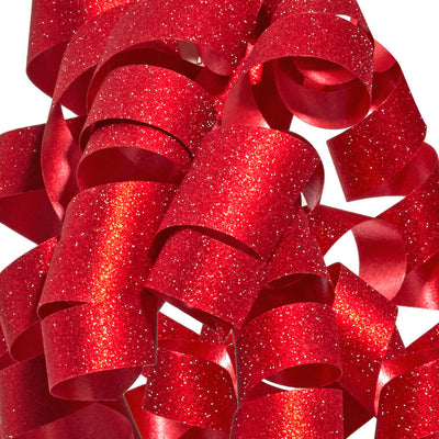Hallmark red curly ribbon gift bow with glittery finish and self-adhesive backing, featuring cascading red curls for gift wrapping.