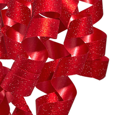 Hallmark red curly ribbon gift bow with glittery finish and self-adhesive backing, featuring cascading red curls for gift wrapping.