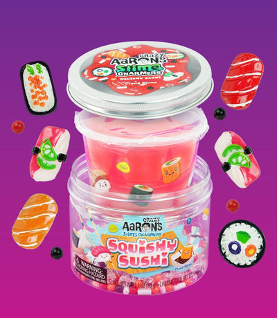 Crazy Aaron’s Squishy Sushi Slime Charmers with sushi charms, cloud slime, strawberry scent, and stretchy, satisfying sensory play