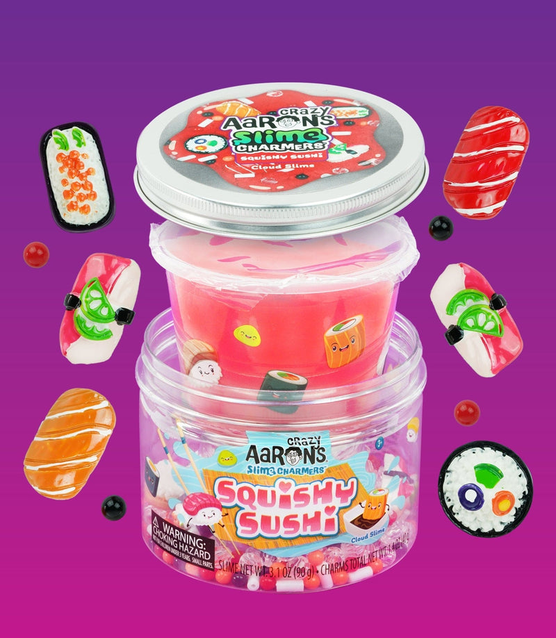 Crazy Aaron’s Squishy Sushi Slime Charmers with sushi charms, cloud slime, strawberry scent, and stretchy, satisfying sensory play