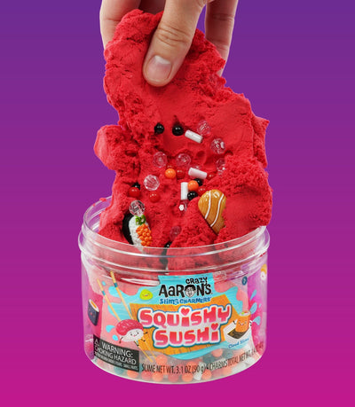 Crazy Aaron’s Squishy Sushi Slime Charmers with sushi charms, cloud slime, strawberry scent, and stretchy, satisfying sensory play