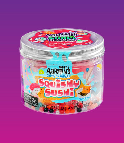 Crazy Aaron’s Squishy Sushi Slime Charmers with sushi charms, cloud slime, strawberry scent, and stretchy, satisfying sensory play