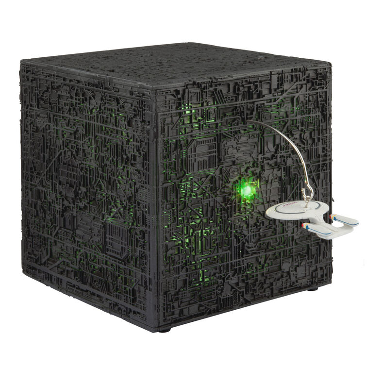 Star Trek tabletop decoration with Borg cube lit up in green from The Next Generation with light and sound features
