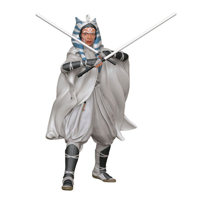 Ahsoka Tano ornament in gray cloak with dual white lightsabers drawn, posed for battle as seen in Star Wars: Ahsoka.