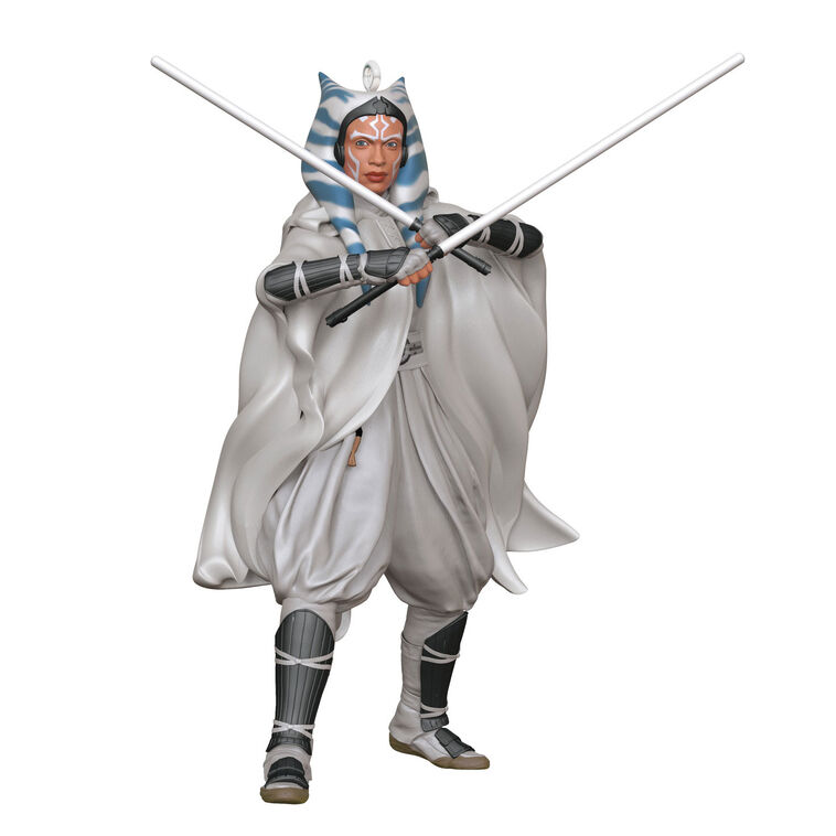 Ahsoka Tano ornament in gray cloak with dual white lightsabers drawn, posed for battle as seen in Star Wars: Ahsoka.
