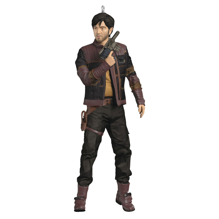 Cassian Andor Christmas ornament holding blaster, wearing brown tactical gear and scarf