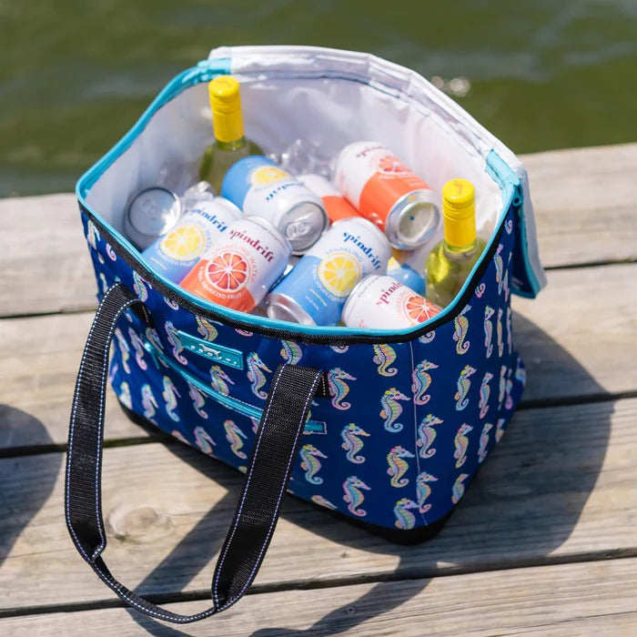 Large soft cooler in Sea Biscuit print with reinforced bottom, zip closure, and pockets—holds up to 30 cans plus ice packs.