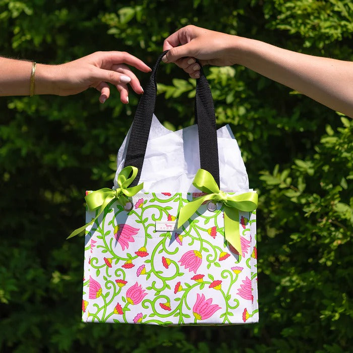 Small reusable gift bag in Late Bloomer print, features sturdy handles and grommets for ribbon—perfect for gifting or everyday use.
