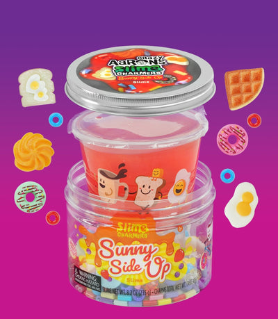 Crazy Aaron’s Sunny Side Up red slime with egg, donut, and croissant charms for fun sensory play that’s squishy, stretchy, and savory-sweet