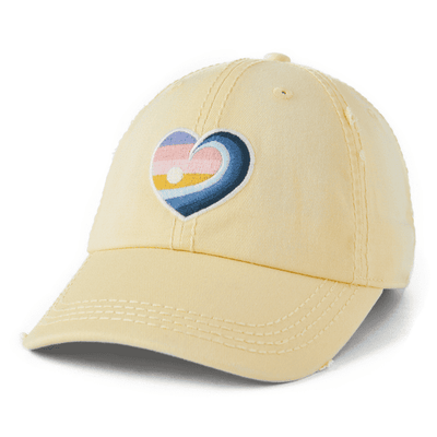 Yellow cotton chill cap with embroidered wave heart graphic and relaxed, sun-faded finish.

