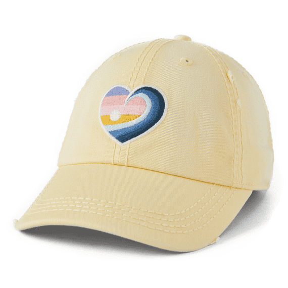 Yellow cotton chill cap with embroidered wave heart graphic and relaxed, sun-faded finish.

