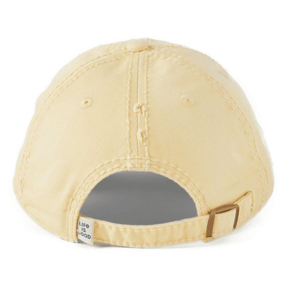 Yellow cotton chill cap with embroidered wave heart graphic and relaxed, sun-faded finish.

