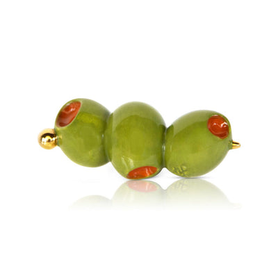 Nora Fleming mini martini olive with three olives; playful cocktail-themed serveware accent; hand wash only.

