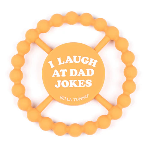 Round silicone teether with "I Laugh at Dad Jokes" text, beaded edge for teething relief, perfect for baby grip and chewing.