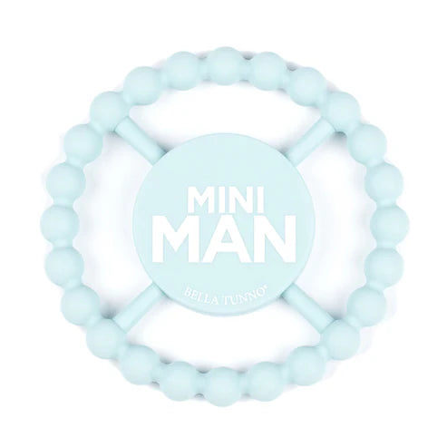 Round blue silicone baby teether with beaded texture and "Mini Man" design, safe for teething and perfect for little hands.