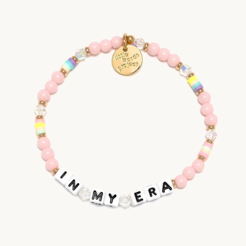M/L beaded bracelet with In My Era text and pink frosting bead pattern, inspired by pop music and living in the moment.