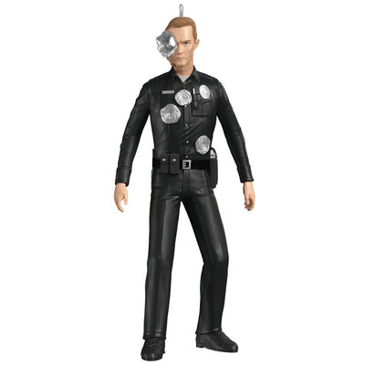T-1000 Terminator ornament in black police uniform with liquid-metal sculpting from Judgment Day.