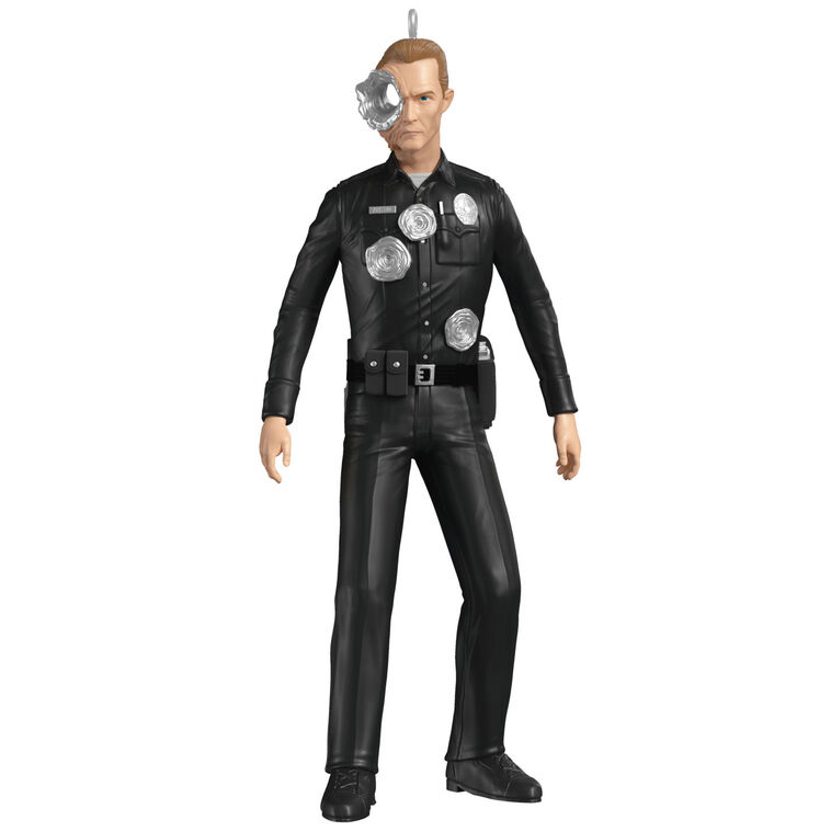 T-1000 Terminator ornament in black police uniform with liquid-metal sculpting from Judgment Day.