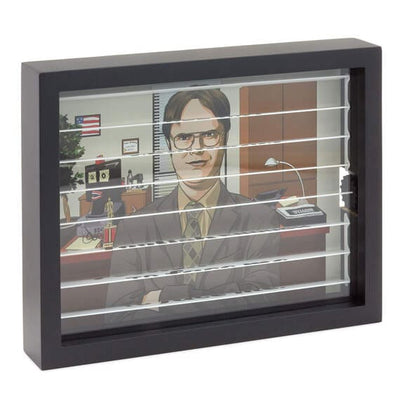 The Office wall decor with Dwight Schrute quote on blinds and hidden illustration revealed by turning a back dial.
