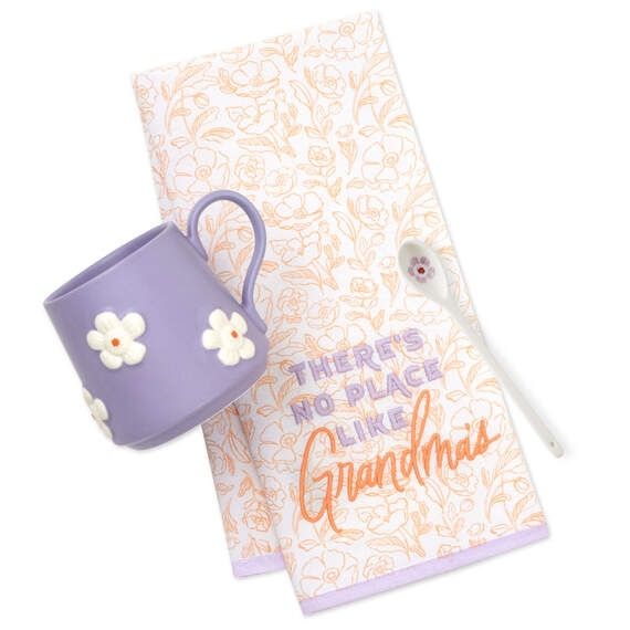 Hallmark Grandma gift set with lavender floral mug, ceramic spoon, and embroidered tea towel reading "There&