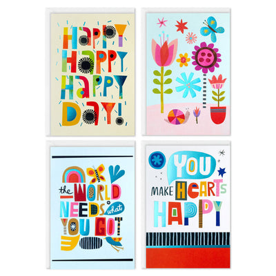 Boxed set of trendy all-occasion cards with colorful lettering, pastel backgrounds, foil accents, birthday, encouragement, Hallmark, 12 cards.