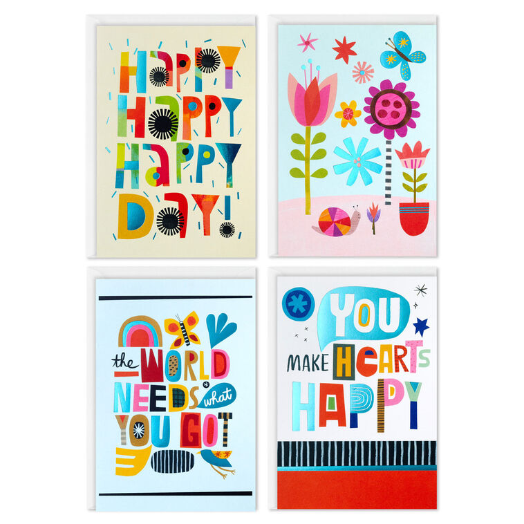 Boxed set of trendy all-occasion cards with colorful lettering, pastel backgrounds, foil accents, birthday, encouragement, Hallmark, 12 cards.