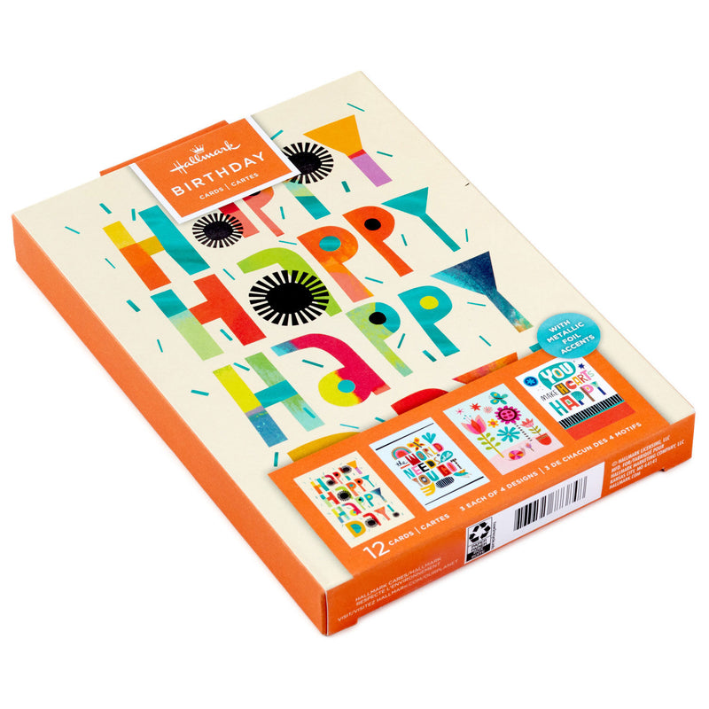 Boxed set of trendy all-occasion cards with colorful lettering, pastel backgrounds, foil accents, birthday, encouragement, Hallmark, 12 cards.