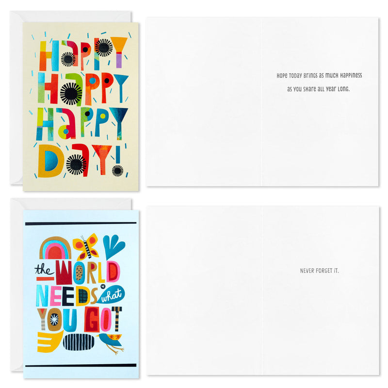 Boxed set of trendy all-occasion cards with colorful lettering, pastel backgrounds, foil accents, birthday, encouragement, Hallmark, 12 cards.