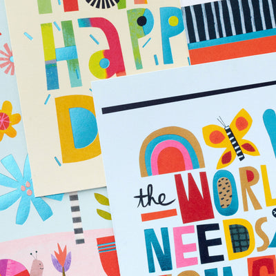 Boxed set of trendy all-occasion cards with colorful lettering, pastel backgrounds, foil accents, birthday, encouragement, Hallmark, 12 cards.