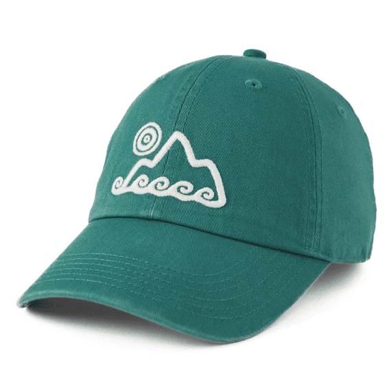 Spruce green six-panel chill cap with waves and sun embroidery, soft washed cotton, adjustable snapback Life is Good label.

