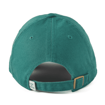 Spruce green six-panel chill cap with waves and sun embroidery, soft washed cotton, adjustable snapback Life is Good label.

