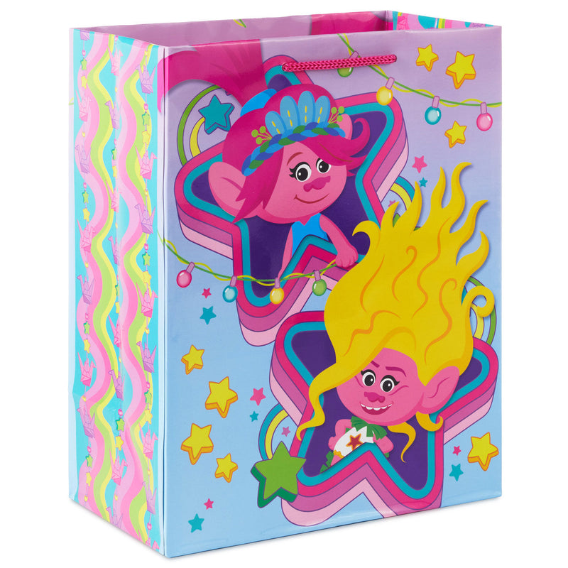 Trolls Band Together medium gift bag featuring Poppy and Viva with star accents on a pink and blue ombré background, 9.6
