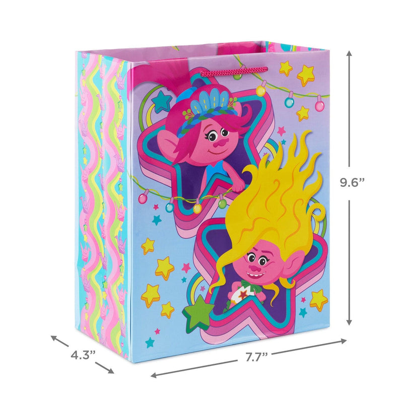 Trolls Band Together medium gift bag featuring Poppy and Viva with star accents on a pink and blue ombré background, 9.6